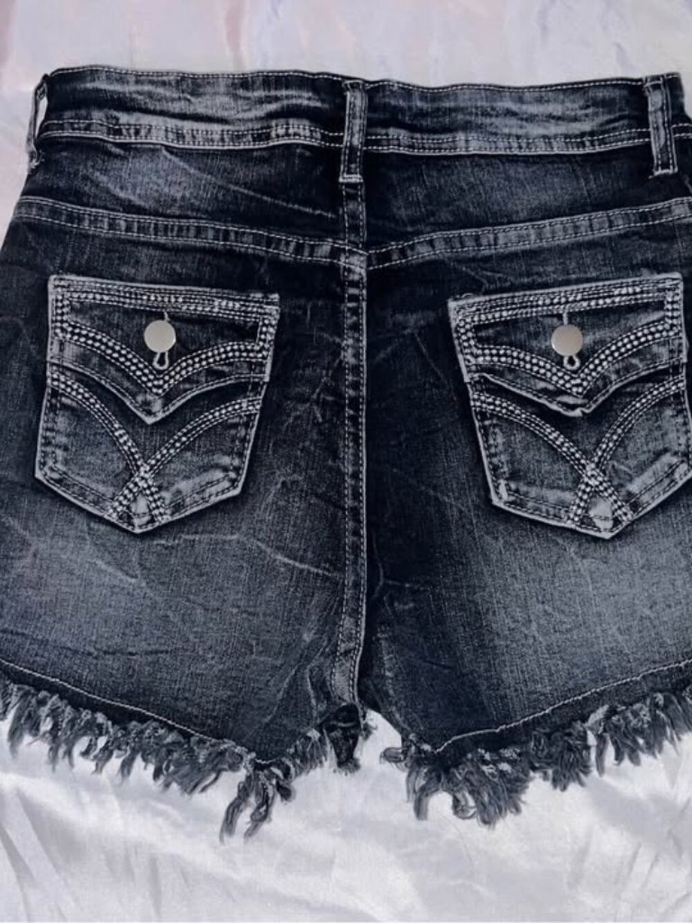 Dark Acid Wash Denim Shorts with Embroidered Pockets, Medium